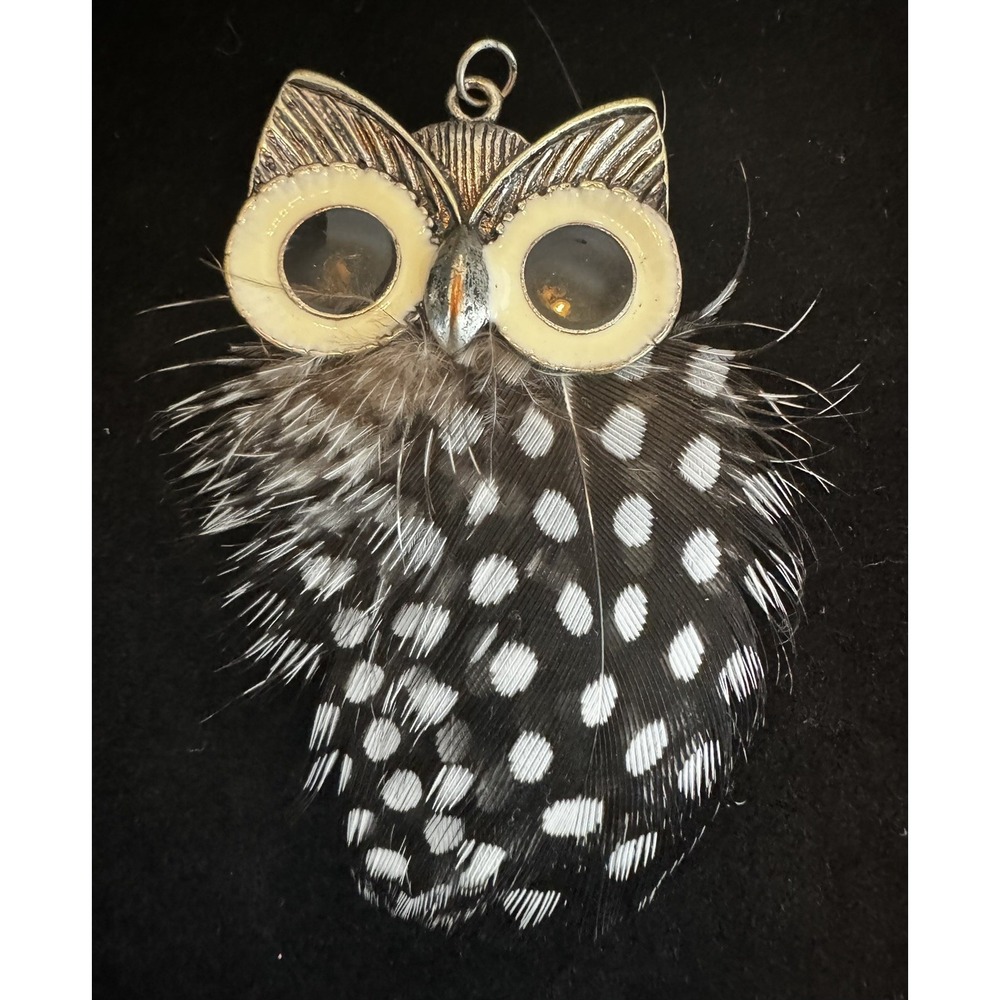 Pendant Spotted Feather Owl Black White Enamel 2" x 3" Bird Boho Granniecore
